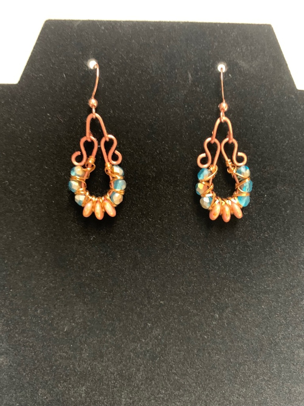 Handcrafted Artisan Copper Wire Wrapped Blue Toned Beads Earrings Pierced